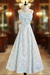 Gentle Blue A-Line Spaghetti Strap Satin Chiffon Long Semi Formal Prom Dress Birthday Dress Graduation Semi Formal Prom Dress